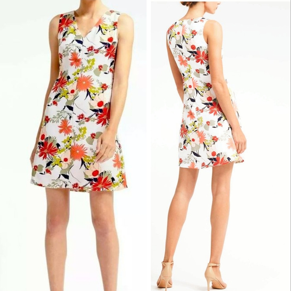 Banana Republic White Floral Mini Dress with Coral and Green Accents